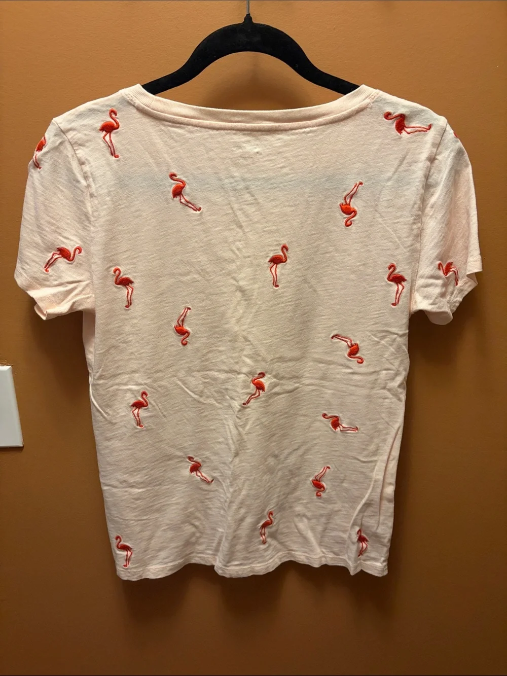 J. Crew Light Pink Tee with Coral Flamingo Embroidery